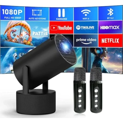 Abbildung von Beamer, Mini Projektor Karaoke Maschine mit Mikrofon, Handy Beamer 4K Heimkino, Smart Projector Kompatibel TV Stick, HDMI, USB, AV, Laptop, iPhone, Android Smartphone