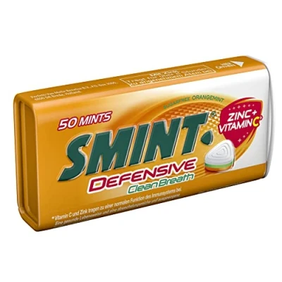 Abbildung von SMINT Defensive Clean Breath, Metall Dose enthält 50 Pastillen mit Orangen Minz Geschmack, zuckerfreie Dragees Zink &amp; Vitamin C, 1 x 35g