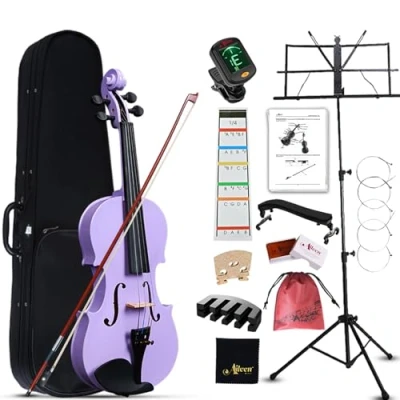 Abbildung von Aileen Geige 1/4 für Kinder ab 4 7 Jahre, Anfänger Violine Set Schüler, Lila Violette Einsteiger Kit Vollständig mit 13 Zubehör, Notenständer, Exklusive Neue Griffbrett Aufkleber