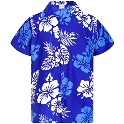 Abbildung von King Kameha Funky Hawaii Hemd, Herren, Kurzarm, Mono Hibiscus, Blau Weiß, XS
