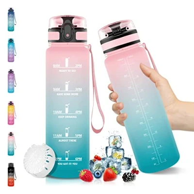 Abbildung von Vikaster Sportflasche, Wasserflasche, 1L, Fahrrad flaschen, BPA Frei, Fitness Trinkflasche, Wasserflasche mit Zeitmarkierung&amp;Filter, Sportflasche für Outdoor, Yoga, Gym, Blau/Lila Farbverlauf