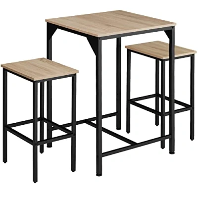 Abbildung von tectake Bartisch Set 3 teilig, Stehtisch mit 2 Barhockern, Industrie Design, 60 x 91 cm, Vintage Tischset Bistrotisch + Hocker, schwarzes Metallgestell (Industrial Holz hell, Eiche Sonoma)