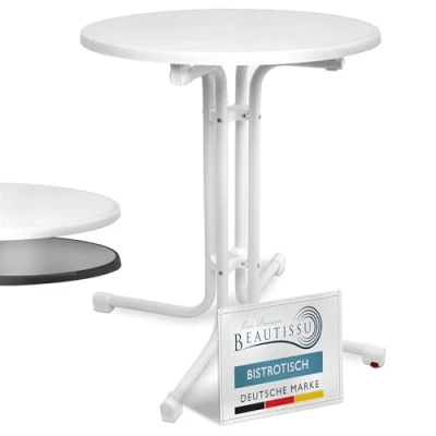 Abbildung von Beautissu Bistrotisch Outdoor Rund Ø 70 cm Wasserfest Beistelltisch Balkontisch Wetterfest Gartentisch Klappbar hoch Campingtisch Partytisch Esstisch Gastro Weiß Bistroni