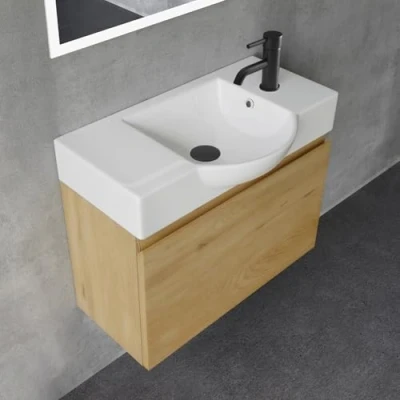 Abbildung von Alpenberger Badmöbel Set Waschbecken mit Unterschrank 55 cm Breit Badezimmerschrank Badschrank Schmal Badezimmermöbel Waschtisch Schrank Klein Waschbeckenunterschrank Eiche Natur