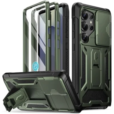 Abbildung von POETIC Spartan Hülle für Galaxy S25 Ultra, [Schiebe Kamera Abdeckung] [Displayschutz funktioniert mit Fingerabdruck ID] Robuste, stoßfeste Handyhülle in Militärqualität Ständer, Metallic Grün