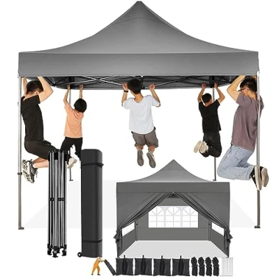 Abbildung von COBIZI Faltpavillon 3x3 Wasserdicht Stabil Winterfest mit Seitenwand,Pop Up Pavillon Partyzelt,Sonnenschutz Gartenpavillon,Pavillon Faltbar Tasche Rollen(3 mal 3m Grau)