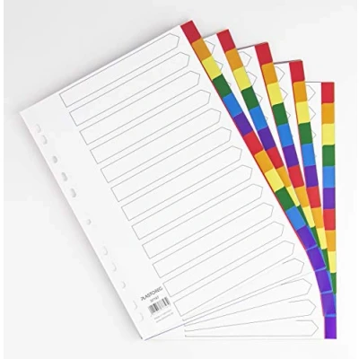 Abbildung von 5er Set 12 teiliges Register/Trennblätter aus buntem stabilem PP, DIN A4 praktischem Deckblatt Papier zum Beschriften. Trenn Blätter für die Ordner Organisation im Büro