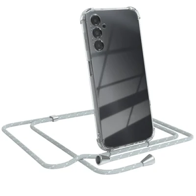 Abbildung von EAZY CASE Handy Chain kompatibel mit Samsung Galaxy A14 5G, Handykette Tasche transparent, Stoßfeste Soft Silikon TPU, Kette Hülle für Smartphone, Grau/Weiß Verschlüssen in Silber