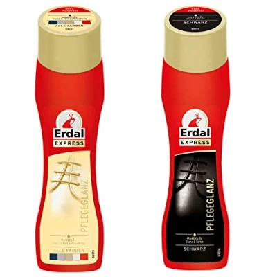 Abbildung von 75ml Erdal Express Schuhpflege Pflegeglanz mit Mandelöl Farblos und Schwarz, pflegt, schützt frischt die Farbe auf, 2x (2er Set 1x schwarz Farblos)