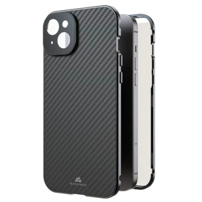 Abbildung von Black Rock Hülle für iPhone 15 Plus (Carbon Beschichtung, Kameraschutz, Metallrahmen, 360 Rundumschutz, Wireless Charging kompatibel, ultradünn, Slim, Magnet, Cover, Handyhülle, Case) Real Carbon