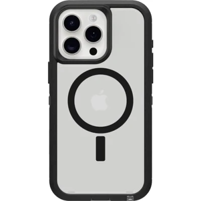 Abbildung von OtterBox Schutzhülle für iPhone 15 Pro Max (nur Defender Serie XT, transparente Hülle, dunkle Seite (schwarz/transparent), bildschirmlos, robust, rastet an MagSafe mit Schlüsselband
