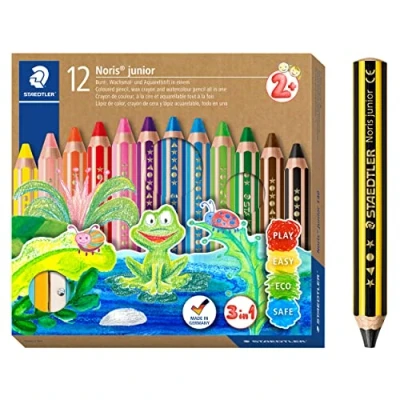 Abbildung von STAEDTLER 3in1 Buntstifte und Kinder Bleistift Noris junior, Bunt , Wachsmal Aquarellstift, sehr dicke Mine, extra bruchsicher, ideal für Kinder, 12 Farben, Spitzer Bleistift, 140 C12P1X