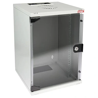 Abbildung von HMF 63409 07 Netzwerkschrank, Serverschrank 10 Zoll 9 HE 300 mm Tiefe Voll montiert Glastür Lichtgrau