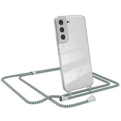 Abbildung von EAZY CASE Kette Schutzhülle kompatibel mit Samsung Galaxy S22 5G, Stoßfest Fallschutz Bumper Schutzhülle, Handy Straps, Silikonhülle, Handykette abnehmbar, Hell Grün Camouflage Clips Silber