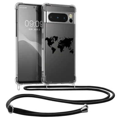 Abbildung von kwmobile Necklace Case kompatibel mit Google Pixel 8 Pro Hülle Silikon Cover Handykette Schwarz Transparent Travel Umriss