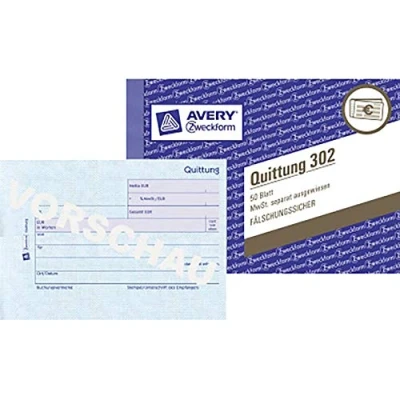 Abbildung von AVERY Zweckform 302 Quittungsblock (A6 quer, 50 Blatt, mit Ausfüllhilfe, fälschungssicherer Dokumentendruck, für Beträge über 250 separater MwSt., DE/AT) weiß