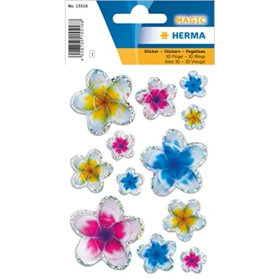 Abbildung von HERMA 15516 Aufkleber Blumen Glitzer klein groß, 12 Stück, Pflanzen Sticker mit 3D Blüten Motiv, Kinder Etiketten für Fotoalbum Tagebuch Poesiealbum Scrapbooking Geburtstag Dekoration Briefe Basteln