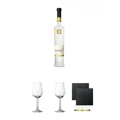 Abbildung von Lantenhammer Williams Birnenbrand ungefiltert 0,5 Liter + Bouquetglas geeicht 1 Stück Schiefer Glasuntersetzer eckig ca. 9,5 cm Ø 2