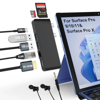 Abbildung von Surface Pro 9 10 11 Docking Station mit 4K HDMI,USB C Thunderbolt 4 (Display+Daten+PD), 100 Mbps Ethernet, 3,5 mm, 2 USB 3.0, SD und TF, Triple Display(Surface+HDMI+USB C) für 11/10/9/X