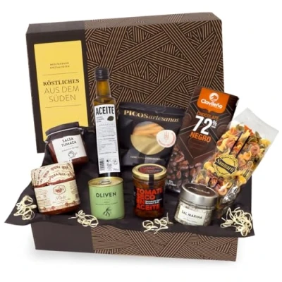Abbildung von Köstliches aus dem Süden Vegetarisches Geschenkset mit mediterraner Feinkost, nativem Olivenöl Extra und Meersalz Geschenkfertig verpackt GESCHENKVOLL