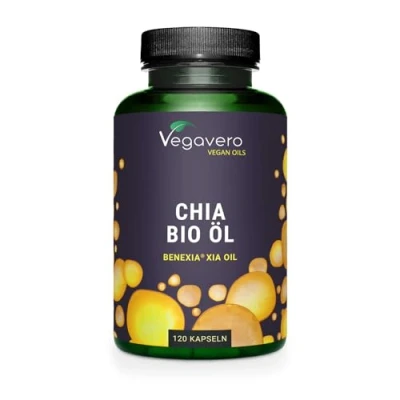 Abbildung von Bio Chia Öl Kapseln 840 mg Omega 3 Vegan Ohne Gelatine Samen aus Chile Premium: Rohstoff Benexia® Laborgeprüft Zusatzstoffe Deutsche Produktion Vegavero®