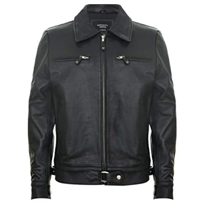 Abbildung von Herren Smart Classic Kragen Schwarz 100% Leder Harrington Stylish Motorradfahrer Fashion Jacke S