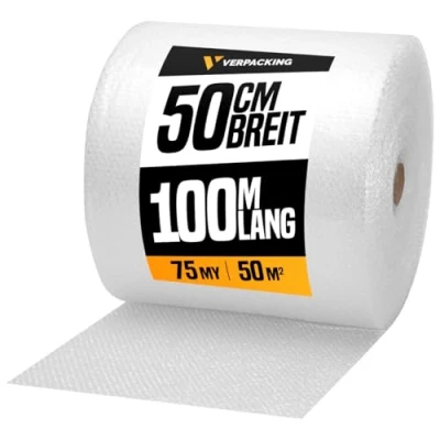 Abbildung von verpacking Luftpolsterfolie 100 m lang Noppenfolie Knallfolie Blisterfolie Polstermaterial Füllmaterial für Kartons (1 Rolle 50 cm x m, 75 my)