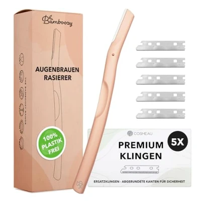 Abbildung von Bamboozy Augenbrauenrasierer mit 5 Premium Klingen Wiederverwendbare Dermaplaning Rasierer aus Metal für Gesicht, Augenbrauen und Intime Zone Plastic Frei