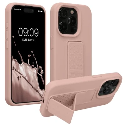 Abbildung von kwmobile Handyhülle kompatibel mit iPhone 15 Pro Hülle Fingerhalter und Standfunktion Silikon Case Handy Cover in Altrosa