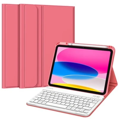 Abbildung von FINTIE Französische AZERTY Tastatur für iPad 10. Generation 2022 10,9 Zoll Kabellose Tastatur, Abdeckung mit Mehreren Positionen, Rosa