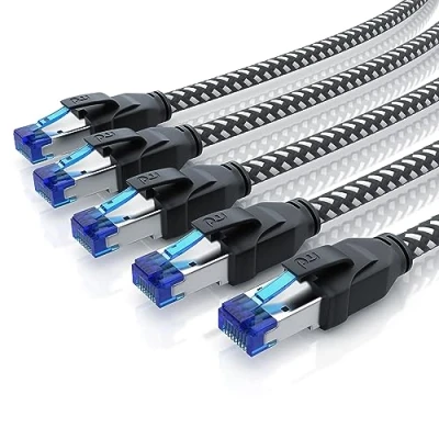 Abbildung von CSL 5 x 0,5m 50cm CAT 8.1 Netzwerkkabel 40 Gbits, 0,5 Meter Baumwollmantel LAN Kabel Patchkabel Datenkabel RJ45, 8 Gigabit Ethernet Cable Gbits Geschwindigkeit S/FTP PIMF Schirmung schwarz