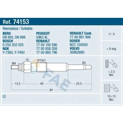 Abbildung von FAE 74153 Glühkerze 11V M10x100 LAND ROVER: Freelander I SUV, RENAULT: ESPACE 3, Scénic 1, Megane Scenic