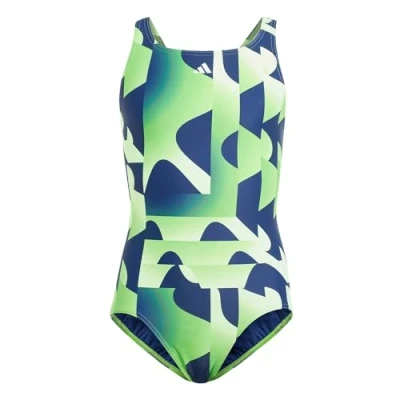 Abbildung von adidas Girl&#039;s Performance 3 Stripes Graphic Swimsuit Kids Badeanzug, Green Spark, 5 6 Years