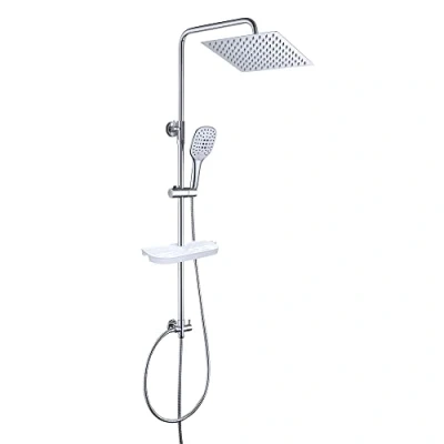 Abbildung von JOHO Edelstahl Regendusche Duschsystem Duschset Duschstange mit Ablage Chrom(Kopfbrause 25x25cm)