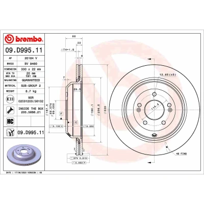 Abbildung von BREMBO 09.D995.11 Bremsscheibe 330 22 5 innenbelüftet beschichtet hochgekohlt mit Schrauben KIA: Stinger Schrägheck, Kasten / Schrägheck