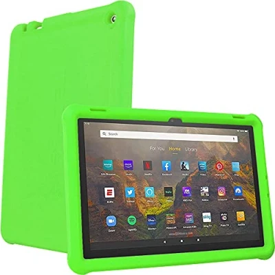 Abbildung von TECHGEAR Schutzhülle für Amazon Fire HD 10 Zoll / Kids 13. Generation 2023, robuste, stoßfeste, weiche Silikon mit Displayschutzfolie, Grün