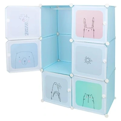 Abbildung von HUOLE Garderobenschrank DIY Kleiderschrank Regalsystem Steckregal Aufbewahrung Lagerregal Bücherregal mit Tür, 6 Fächer, Kunststoff,74 * 37 110 cm blau