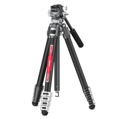 Abbildung von Videostativ Carbonfaser, ULANZI TT09 VideoGo Travel Tripod Reisestativ mit Fluidkopf 360 Pan&amp; 50/+60 Tilt Pan, Kamerastativ Acra QR und Schraubendrehergriff, Max Load 44.09lb, Höhe 55.91&quot;