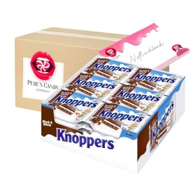 Abbildung von Knoppers Black &amp; White Waffelschnitten 24er x 25g Milch und Nougatcreme Füllung mit Geschenk von Pere&#039;s Candy