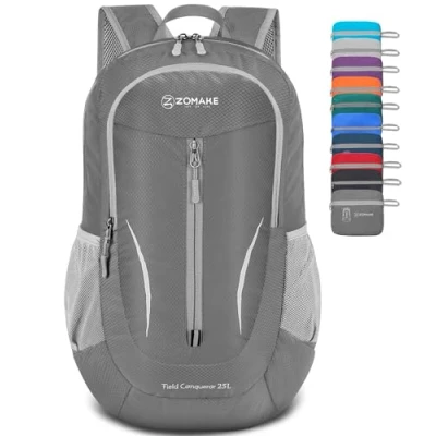 Abbildung von ZOMAKE Ultraleichter, verstaubarer Rucksack, faltbarer Wanderrucksack, wasserabweisend, kleiner Tagesrucksack für Reisen, 25 l, Blassgrau
