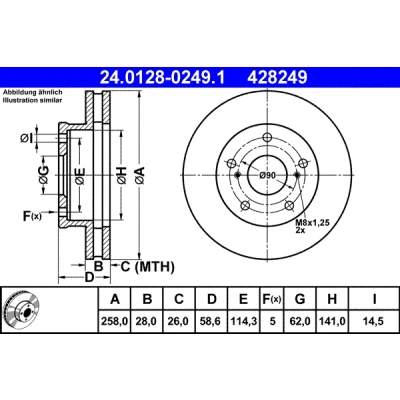 Abbildung von ATE 24.0128 0249.1 Bremsscheibe 258,0 28,0 5 114,3 Belüftet beschichtet TOYOTA: HILUX 3 Pick up