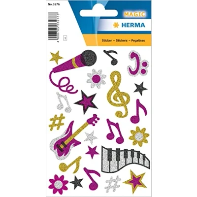 Abbildung von HERMA 3276 Aufkleber Musik Glitzer, 22 Stück, Musiknoten Sticker mit Mikrofon Gitarre Notenschlüssel Blumen Sterne Motiv, Kinder Etiketten für Fotoalbum Tagebuch Poesiealbum Scrapbooking Geburtstag