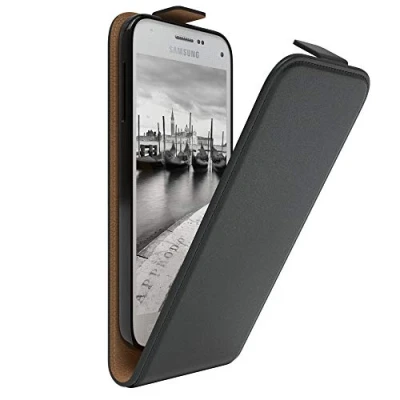 Abbildung von EAZY Case Hülle kompatibel mit Samsung Galaxy S5 Mini Flip Cover zum Aufklappen, Handyhülle aufklappbar, Schutzhülle, Flipcover, Flipcase, Flipstyle vertikal klappbar, Kunstleder, Schwarz