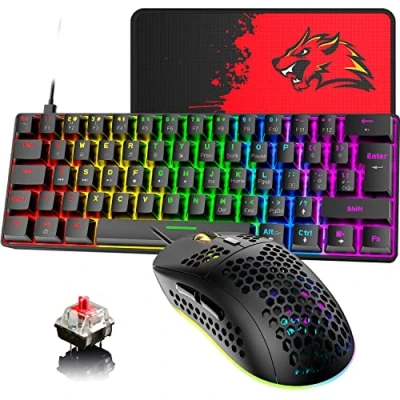 Abbildung von 60% UK Layout Kabelgebundene Gaming Tastatur und Maus 62Keys kompakte mechanische Tastatur, 19 Regenbogen Lichteffekte +6 RGB Leichte mit 6400 DPI (schwarz/roter Schalter)