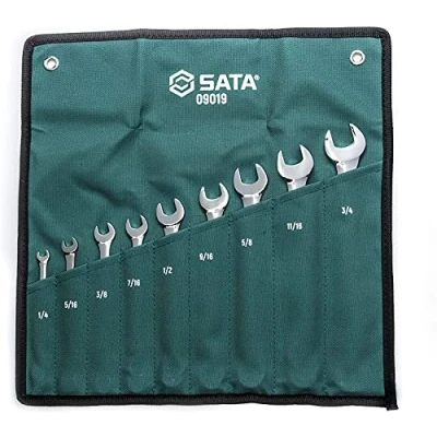 Abbildung von SATA ST09019SJ Ringmaulschlüssel, Gabelringschlüssel, Gabelschlüssel, Schraubenschlüssel Set 1/4&quot;/6,35 mm 3/4&quot;/19,05mm, Zollgrößen poliert aus CR V Stahl in praktischer Roll Tasche 9 Tlg.