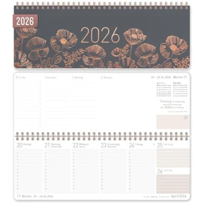 Abbildung von =Häfft® Wochen Tischkalender 2026 quer &quot;Poppy&quot; 1 Woche 2 Seiten, Schreibtisch Kalender mit Sprüchen, Wochenkalender 29,7 x 11,6 cm nachhaltig &amp; klimafreundlich