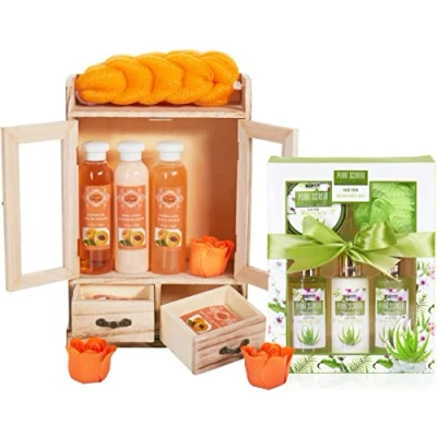 Abbildung von BRUBAKER Cosmetics 2 in 1 Pflegeset Pfirsich &amp; Aloe Vera Großes 15 teiliges Wellness Set Damen Dusch und Badeset Frauen Beauty Geschenkset mit Deko Holzschrank