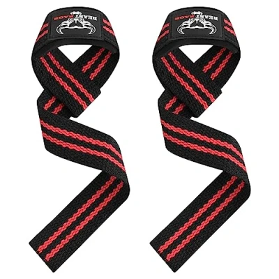 Abbildung von BEAST RAGE Zughilfen für Krafttraining (Fitness Straps) Kreuzheben Gurte Frauen Männer (Gepolstert) Gewichthebergurte Baumwolle Handgelenkstütze Griffe Hantel Bar (Lifting (Schwarz/Rot)