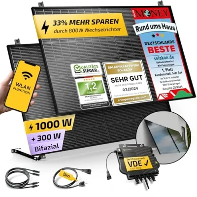 Abbildung von Solakon® 1000W Balkonkraftwerk mit Halterung (Wand) 800W komplett Steckdose neuester 800 Watt Wechselrichter Solaranlage Komplettset 500W bifaziale Solarmodule inkl. Zubehör