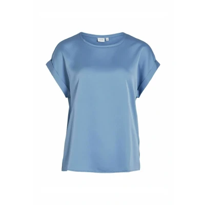 Abbildung von Vila Damen Satin Blusen T Shirt Kurzarm Basic Rundhals Top Glänzend Tunika Blouse Oberteil VIELLETTE, Farben:Blau 4, Größe:34